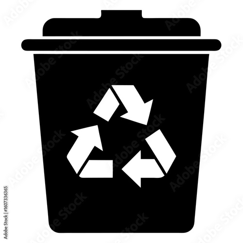 Black silhouette of a trash bin with a recycling arrow isolated on white background