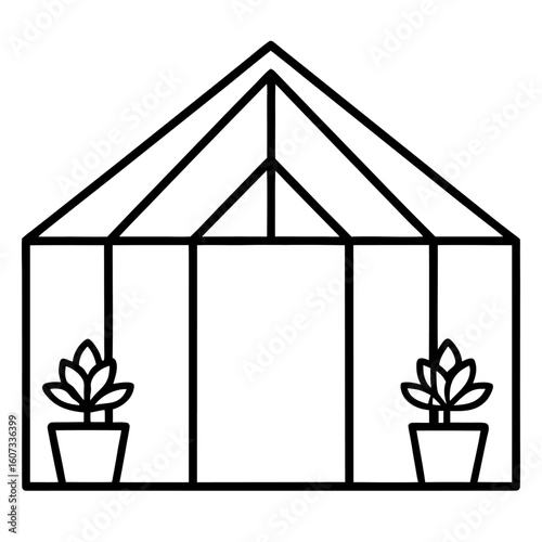 Simple line art illustration of a greenhouse with plants inside isolated on white background