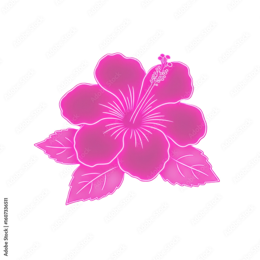 Fototapeta premium Vibrant pink hibiscus flower with leaves isolated on transparent background