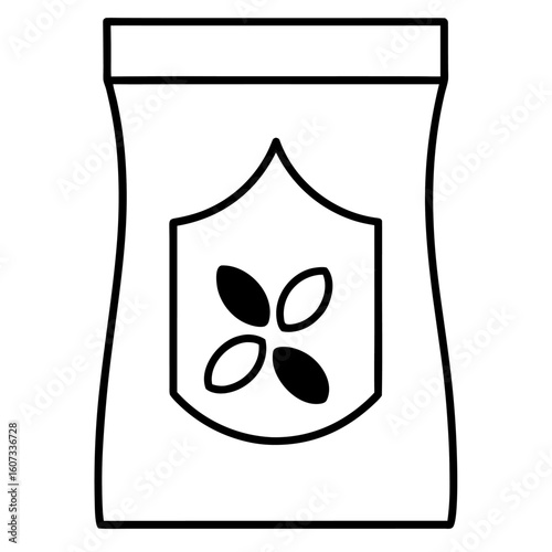 Line art illustration of a seed packet with a label and seeds isolated on white background
