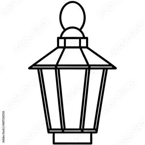 Detailed line art illustration of a solar powered lantern with glass panels isolated on white background