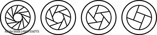 Set photo camera lens diaphragm. Aperture icon set. Camera shutter icon. Lens aperture, photo shutter, photo lens, shutter lens. Represent capture and shoot.
