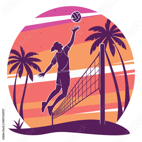 Silhouette of a volleyball player jumping to hit the ball on a beach with palm trees at sunset scene