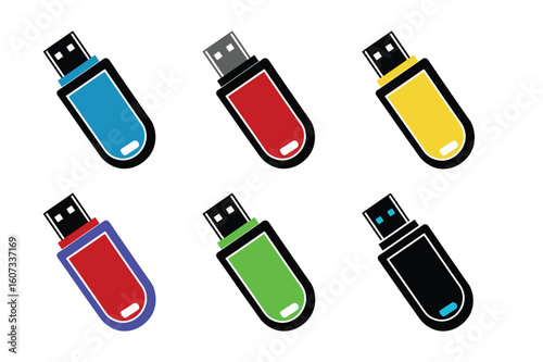 Icon set of USB flash drive also known as pen drive
