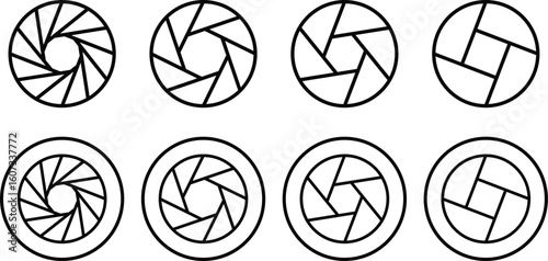 Set photo camera lens diaphragm. Aperture icon set. Camera shutter icon. Lens aperture, photo shutter, photo lens, shutter lens. Represent capture and shoot.

