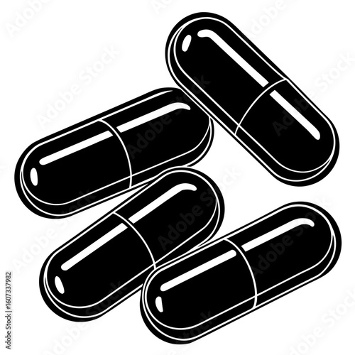 Four black and white capsules isolated on white background