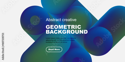 Abstract fluid shapes, vibrant colors, geometric design. Text overlay includes geometric background, plus sample text, button. Modern aesthetic.