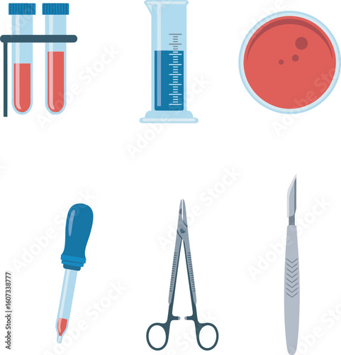 Laboratory equipment, including test tubes, beakers, Petri dishes, and surgical tools, displayed on a white background.