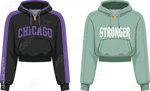 Stylish Cropped Hoodies for Women Trendy Streetwear Apparel Featuring "Chicago" and "Stronger" Designs, Fashionable Casual Wear Collection