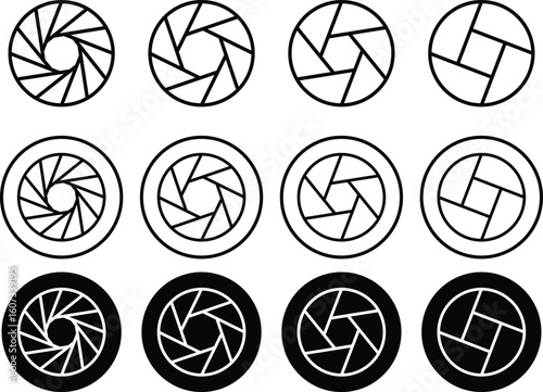 Set photo camera lens diaphragm. Aperture icon set. Camera shutter icon. Lens aperture, photo shutter, photo lens, shutter lens. Represent capture and shoot.
