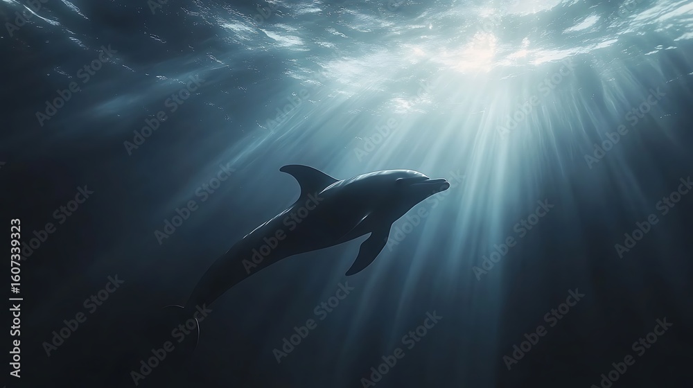 Obraz premium Ocean serenity dolphin rises through radiating light beams high resolution picture