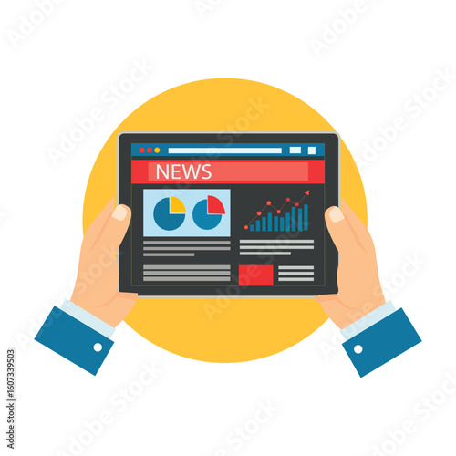 Flat vector news website layout with charts and graphs representing digital journalism online news publishing information portal and web report concepts

