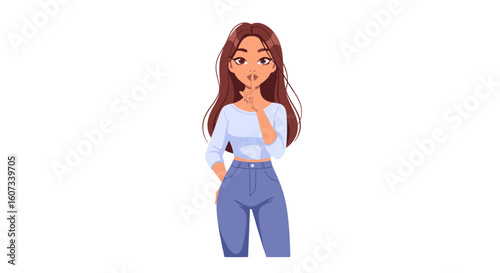 Young woman gesturing for silence with finger to lips, emphasizing secrecy and discretion