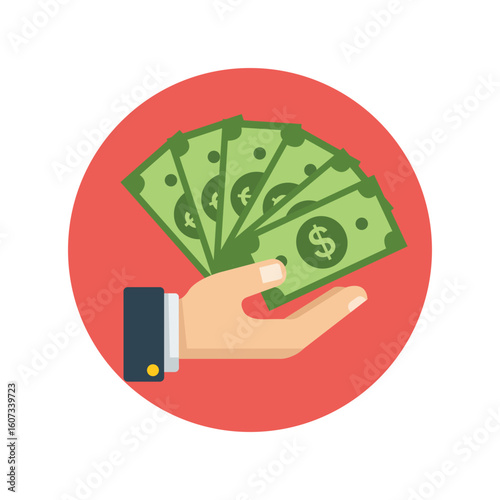 Flat style of hand holding dollar bills representing payment transaction salary income cash savings finance and personal wealth concept illustration

