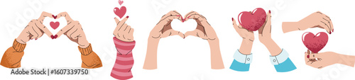 Set of hands for valentine s day in flat style. Hands showing heart, korean symbol of love. Vector female hands holding a heart