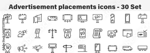 Digital Advertising and Media Placement Icon Set. Line Art 30 Set Icon Collection Vector Illustration