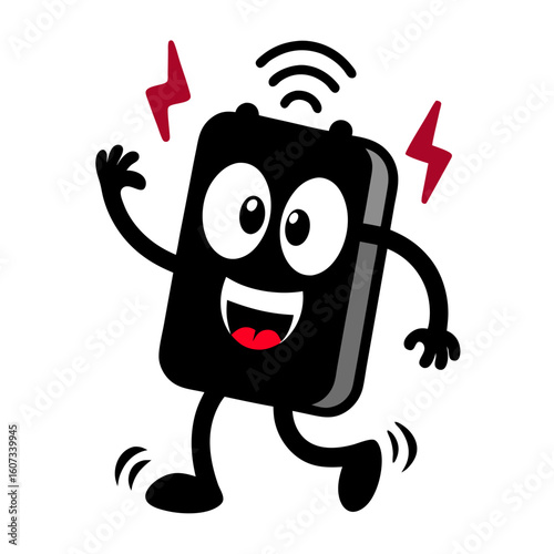 Happy cartoon black smartphone character with signal waves and lightning bolts