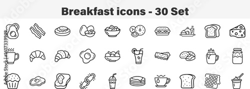 Morning Breakfast and Cafe Food Icon Bundle. Line Art 30 Set Icon Collection Vector Illustration