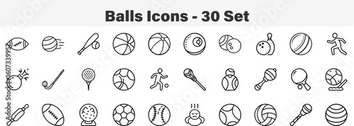 Sports Balls and Recreation Equipment Glyph Icons. Line Art 30 Set Icon Collection Vector Illustration
