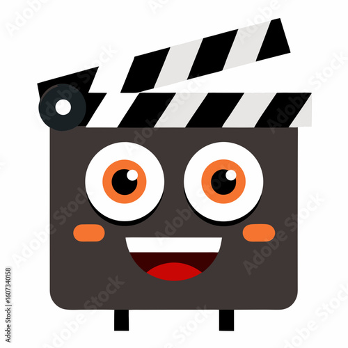 Cute cartoon clapperboard character with big eyes and a happy smile