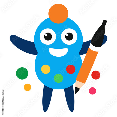Friendly blue cartoon character holding a pencil and surrounded by colorful dots