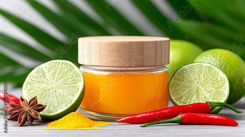 Minimalistic glass jar with hot sauce. Hot pepper and lime sauce.