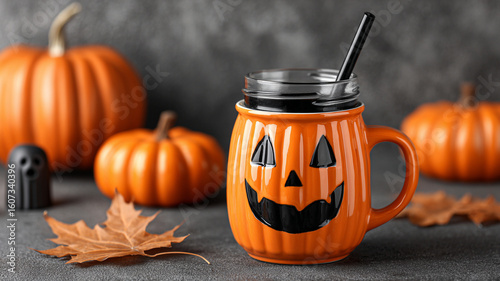 Halloween black cocktail with a straw in a cup in the shape of an orange pumpkin.