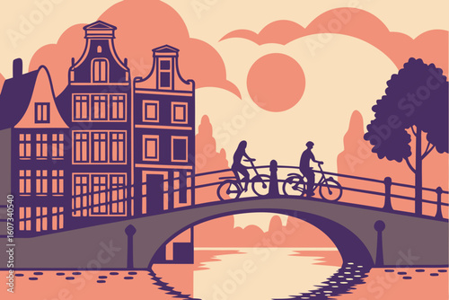 Amsterdam canal at sunset, narrow gabled houses reflected in the water, cyclists crossing a bridge with tulips in baskets, modern flat illustration style