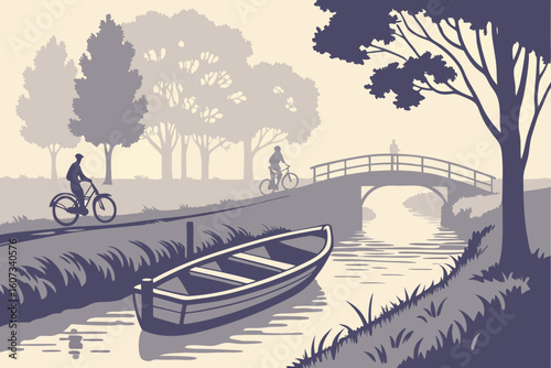 A quiet early morning scene with fog over the canals, rowboats tied along the edges, and the first cyclists heading to work, modern flat illustration style