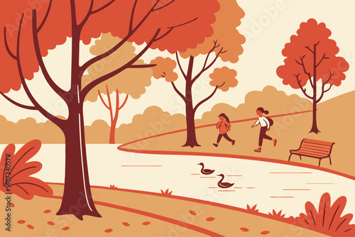 Autumn leaves falling in Vondelpark, joggers passing by, kids feeding ducks near a pond, and benches dotted along pathways, modern flat illustration style