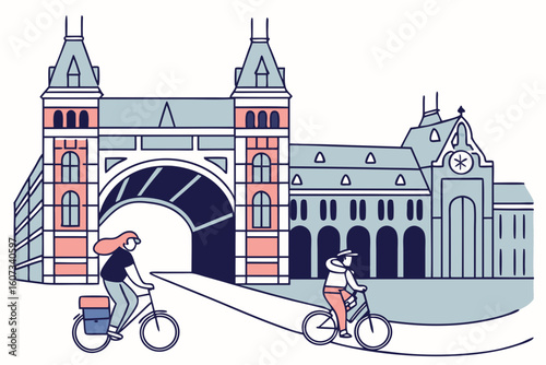 Amsterdam’s Rijksmuseum entrance, cyclists zooming past the iconic building, and tourists snapping photos under the archway, modern flat illustration style