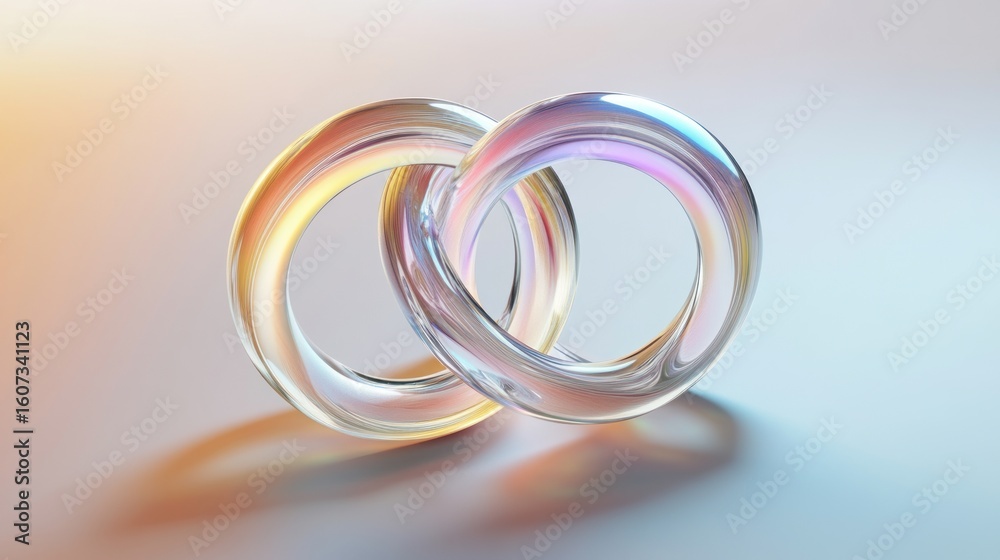 Fototapeta premium Two linked, iridescent rings on a soft pastel background