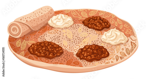 Delicious Ethiopian Injera with Stews and Condiments on a Decorated Plate