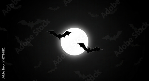 Halloween Night Sky with Flying Bats Silhouettes and Bright Full Moon