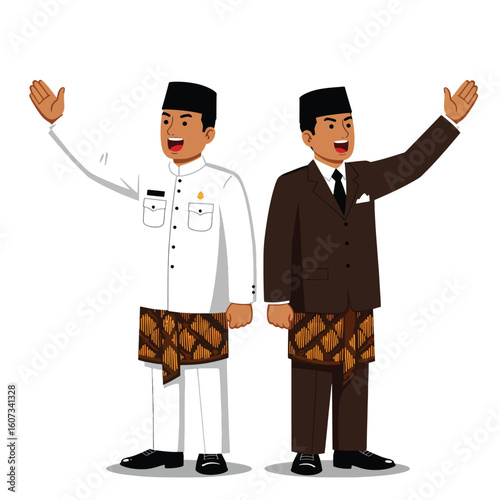 Two men in traditional Indonesian attire, one in white and one in brown, standing side-by-side with arms raised in a welcoming gesture.
