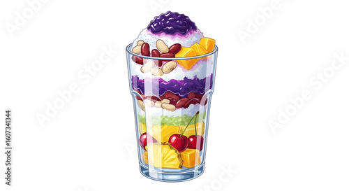 Colorful Filipino Halo-Halo Dessert Illustration with Layered Ingredients in a Glass
