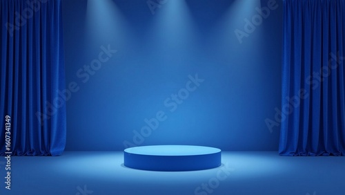 Empty, glowing blue podium
