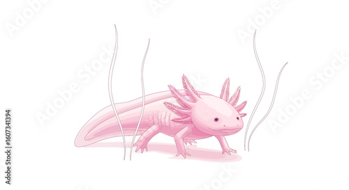 Charming cartoon illustration of a pink axolotl swimming gently in clear water its adorable smile