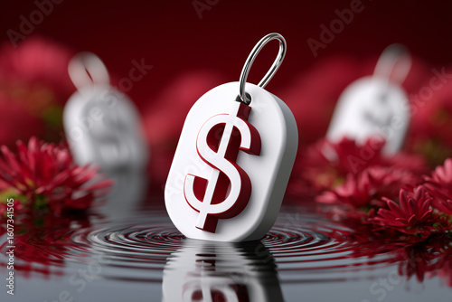 Dollar Sign Price Tag on Water Surface with Red Flower Background