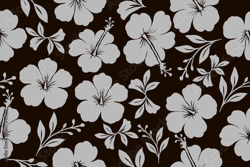 Elegant monochrome floral pattern with hibiscus silhouettes and botanical leaves on a dark background. Perfect for fabric, wallpapers, and stylish decor.
