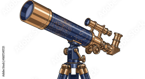 Detailed vector illustration of vintage telescope, science and astronomy equipment concept for