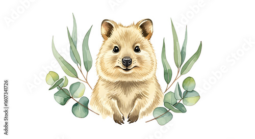 Watercolor quokka portrait surrounded by eucalyptus leaves for a greeting card design