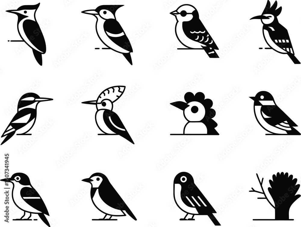 Fototapeta premium Collection of stylized black and white bird illustrations