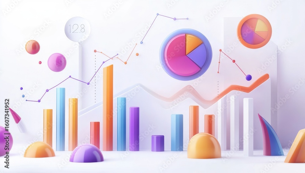 Obraz premium Abstract data visualization, bright colorful charts and graphs on a white background