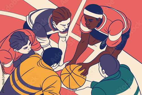 A basketball game scene featuring five players competing for the ball on a court with lines and vibrant colors