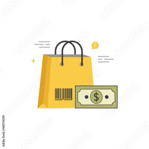 Flat style shopping bag with cash money representing retail ecommerce online store consumer purchase sale and shopping cart payment concept

