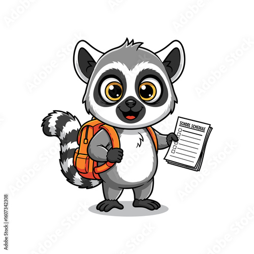 Cute Cartoon Lemur Student with Backpack and Checklist