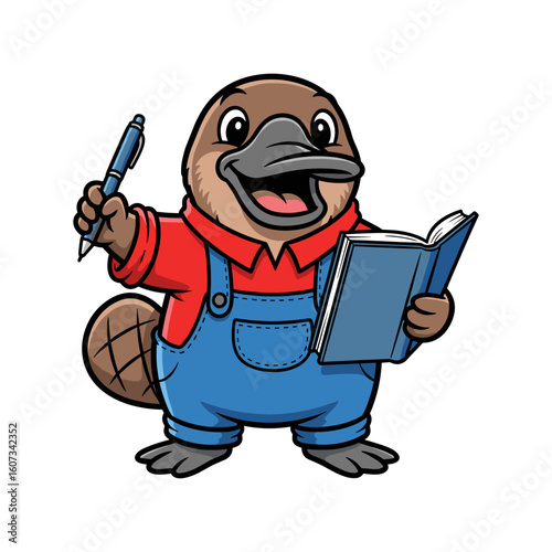 Cute Cartoon Platypus Student with Pen and Book for Learning