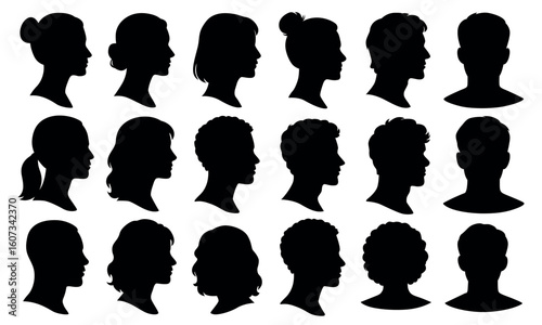 Human head silhouettes, diverse male and female profiles