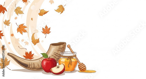 Rosh Hashanah Celebration with Shofar, Apples, and Honey on White Background